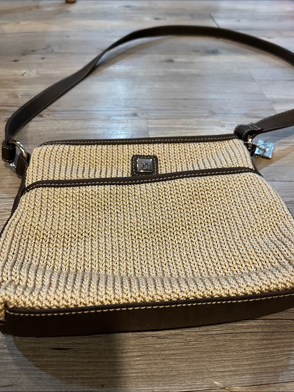 Woven Straw Crossbody Bag with Brown Trim